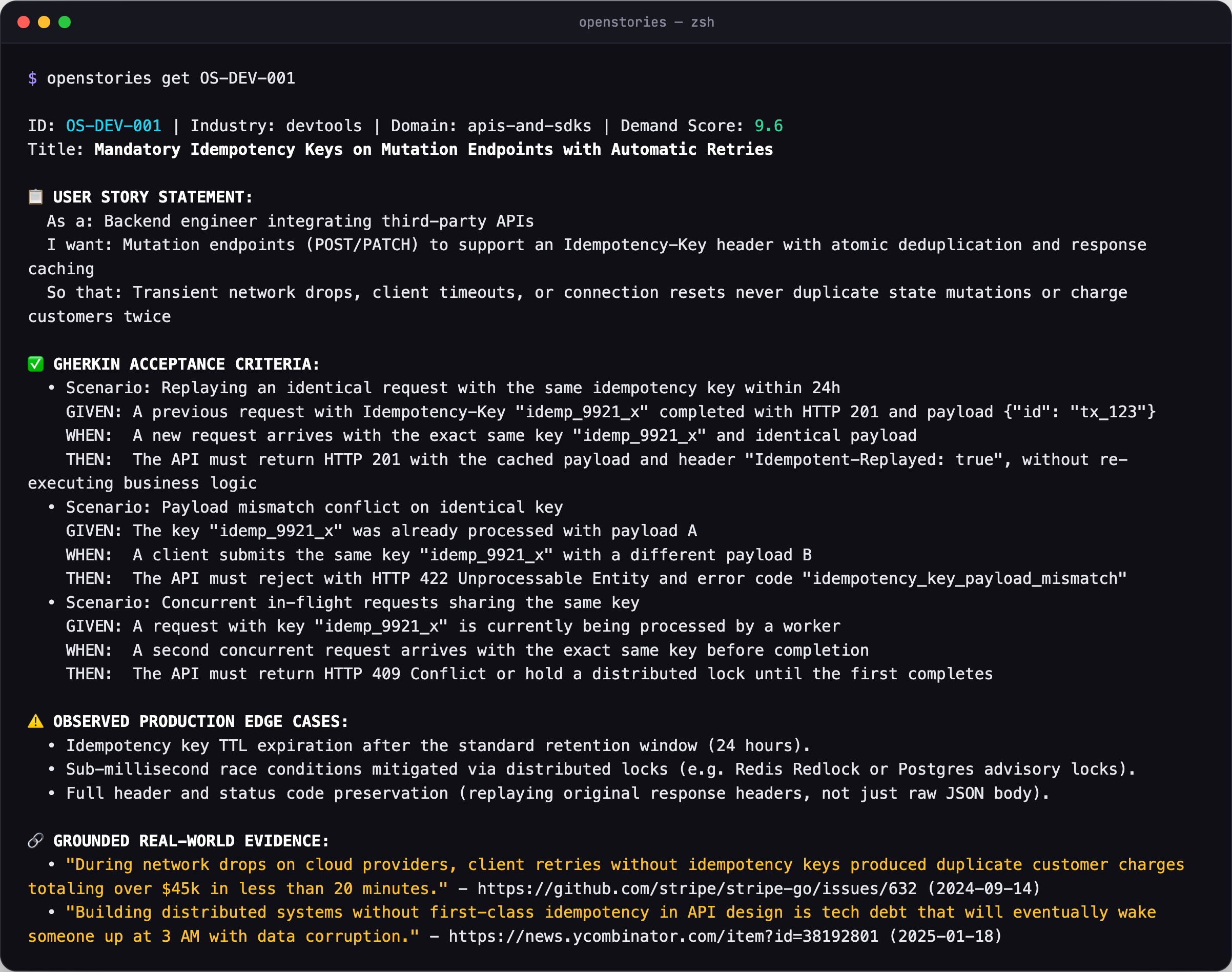 openstories get OS-DEV-001 showing Gherkin acceptance criteria, edge cases and evidence links