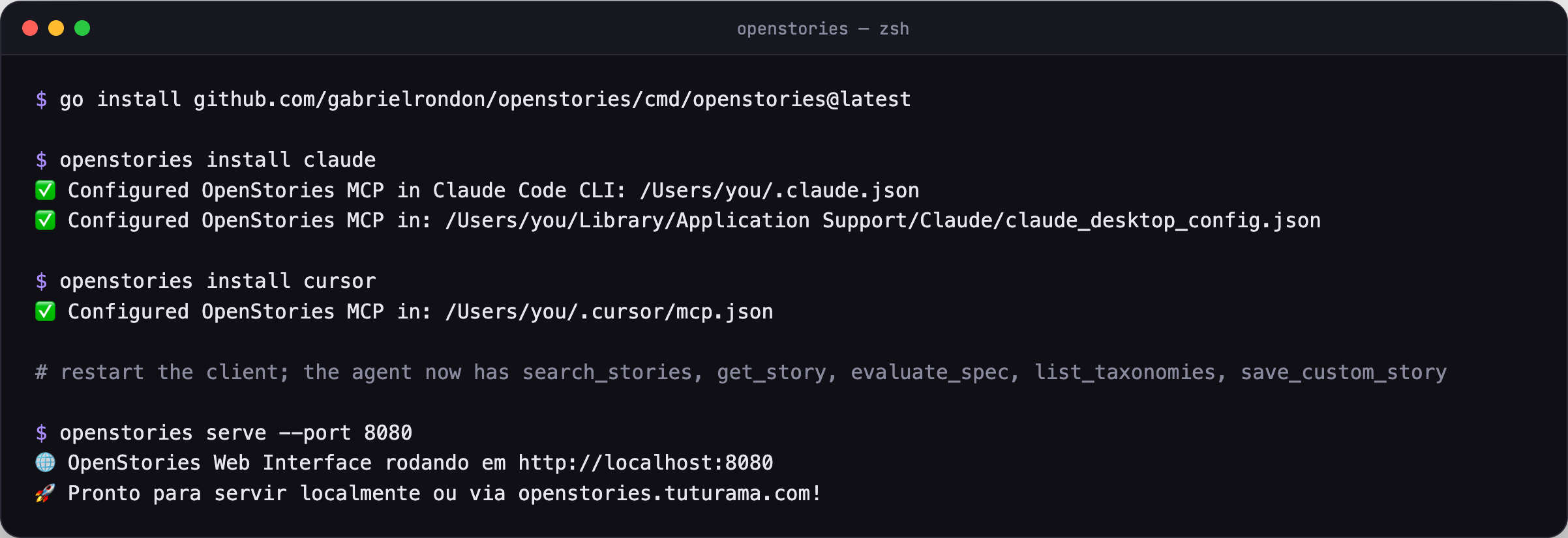 openstories install claude and openstories install cursor writing MCP server entries