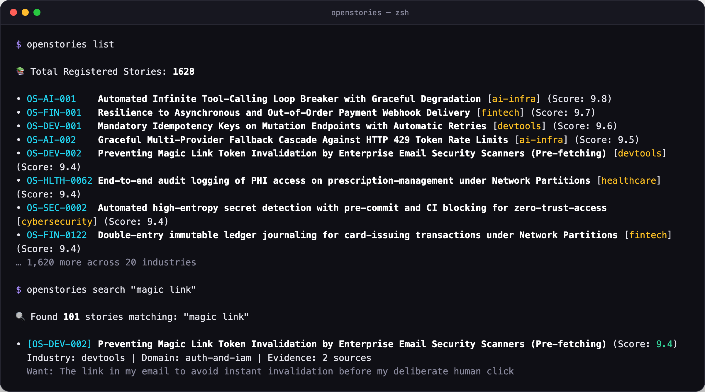 openstories list showing stories across industries with demand scores