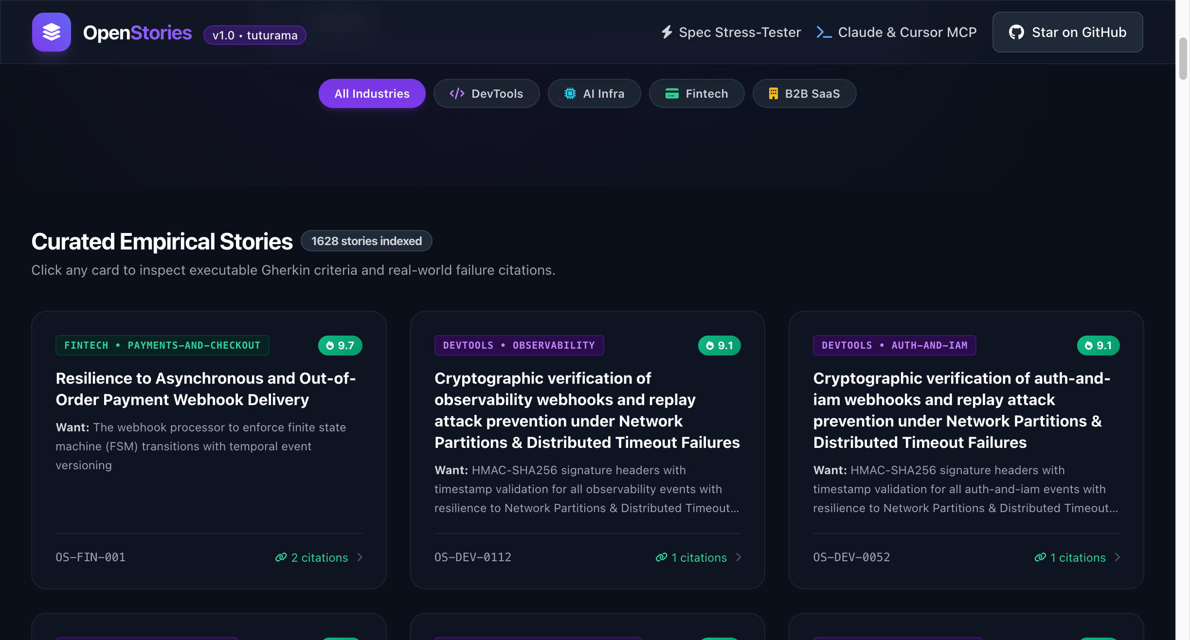 openstories serve dashboard: catalog of stories filtered by industry and domain