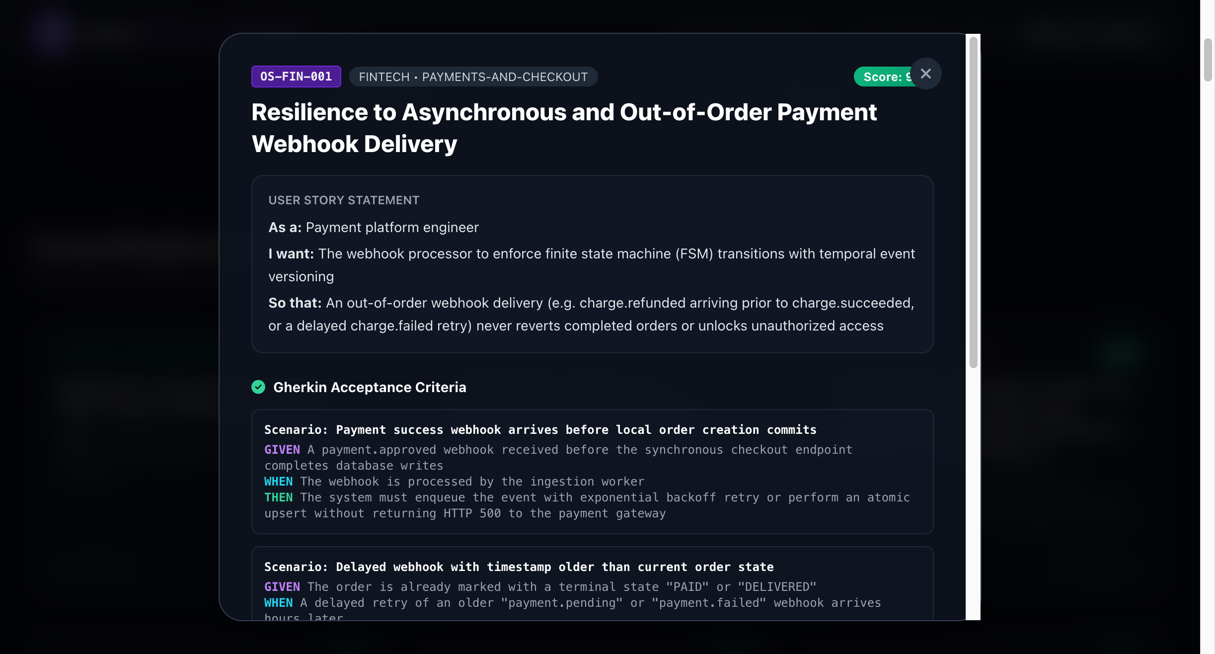 Story detail in the dashboard: acceptance criteria, edge cases and evidence